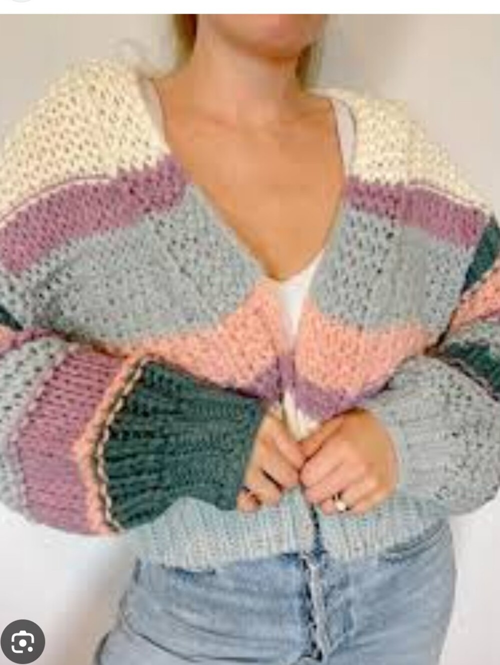 debut Chunky Colorblock Knit Cardigan in Cream, Pink, Blue, Green, Purple